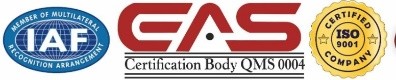 IAF and EAS certification marks with ISO 9001 certified company badge